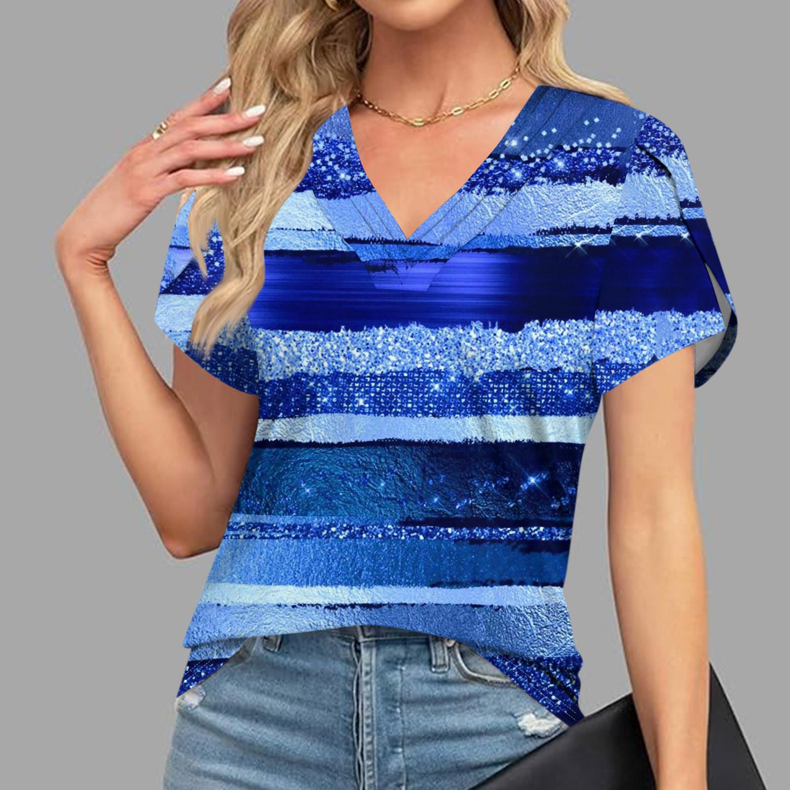 

Блузки для женщин, нарядные повседневные, модные футболки с короткими рукавами и ретро-принтом, уникальный дизайн, большие футболки с v-образным вырезом L темно-синий
