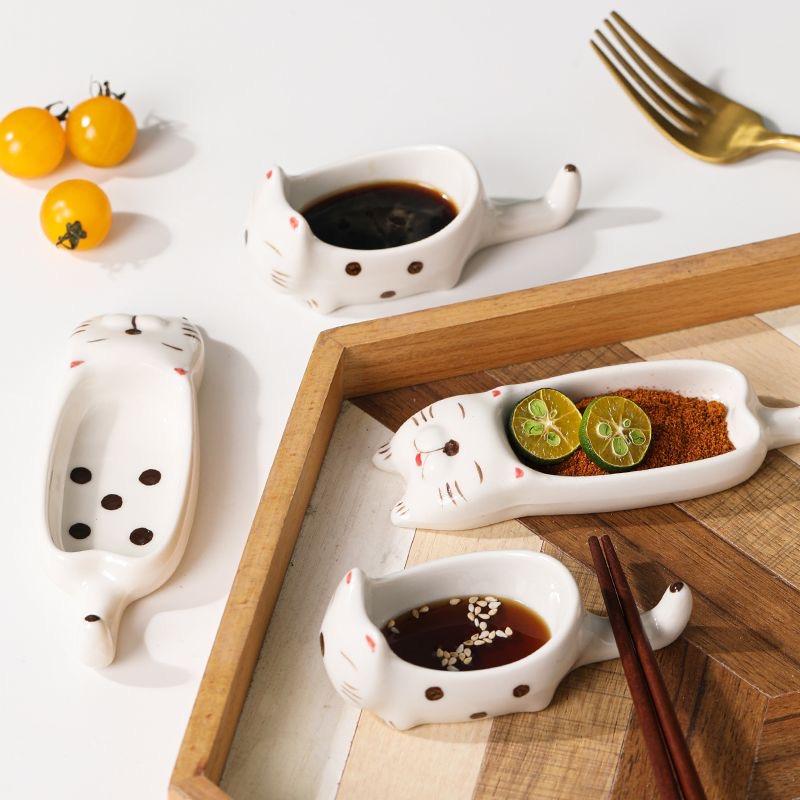 2pcs Ceramic Cat Dish Multi-Functional Sauce Plate & Chopstick Rest