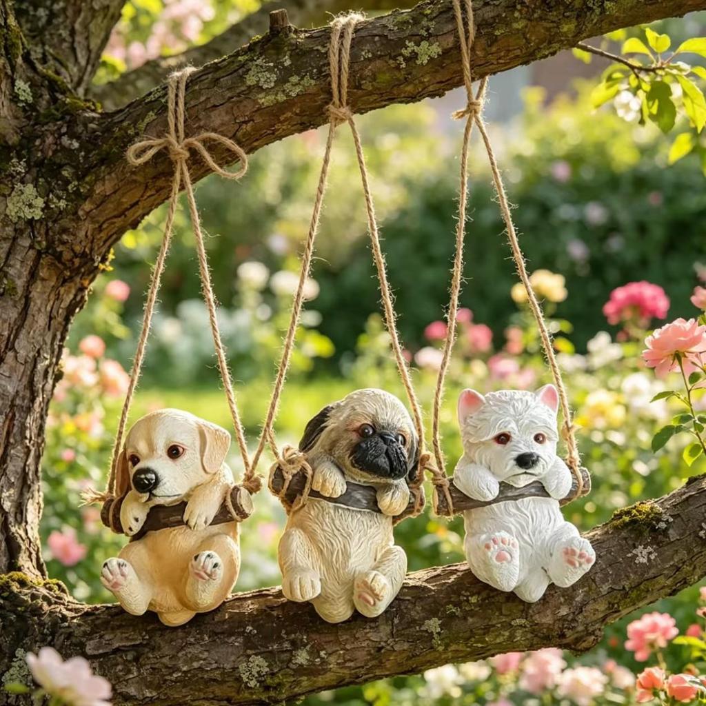 Resin Dog Swing Hanging Ornament for Indoor/Outdoor Garden, Courtyard, Balcony, Flower Pot Decoration