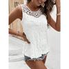 Womens Lace Neckline Smocked Crop Top With Floral Crochet Detail Casual Solid Color Sleeveless Blouse