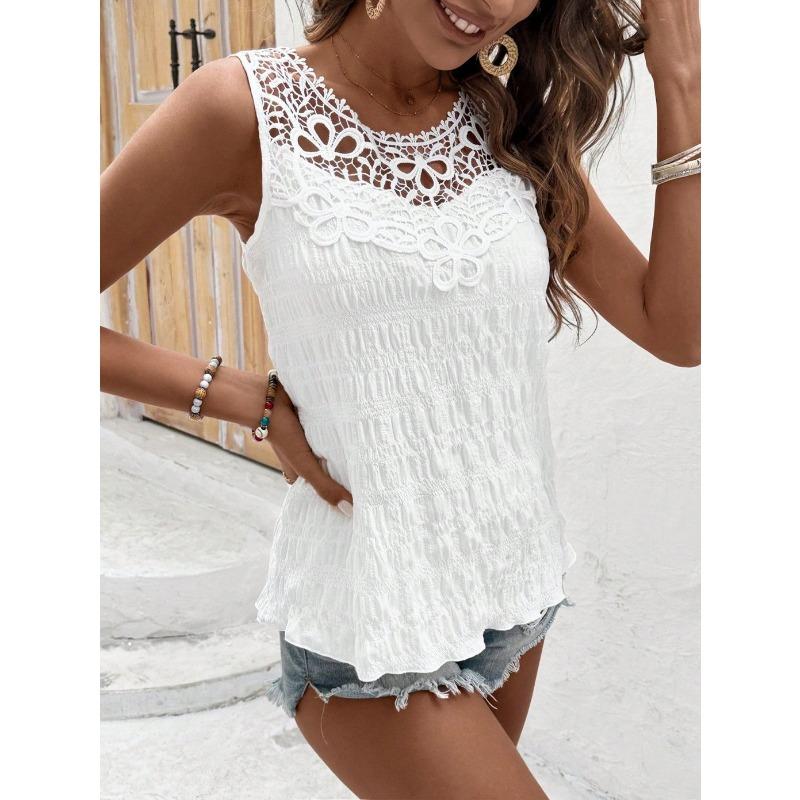 Womens Lace Neckline Smocked Crop Top With Floral Crochet Detail Casual Solid Color Sleeveless Blouse