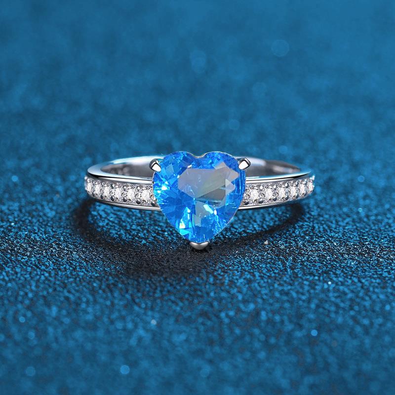 S925 Sterling Silver Women s Ring with Ice Flower Cut, Heart-Shaped Pink Diamond, Aquamarine, and White Diamond Inlays