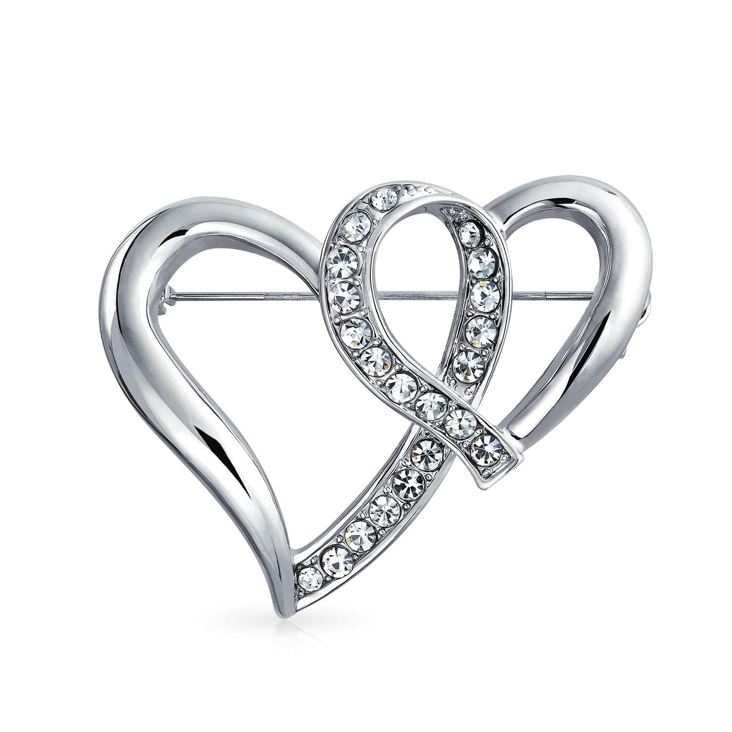 

Crystal Silver Plated Brass Open Heart Double Heart Ribbon Large Brooch [Bling Jewelry]