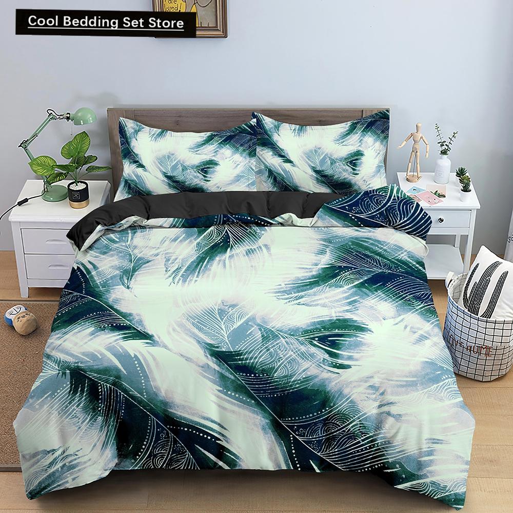 Feathers Duvet Cover Queen/King Size Boho Colorful Bird Feather Bedding Set Tropical Leaves 2/3pcs Polyester Comforter Cover