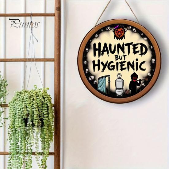 Unique Bathroom Wall Art Halloween Hanging Ornaments, Creative Ghost Wooden Gothic Style Home Decor Sign, Decorative Sign for Restroom Rustic Wood