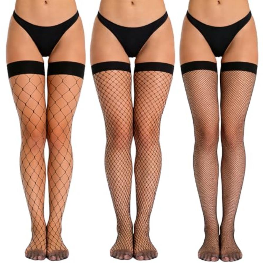 3 Pairs Thigh High Fishnet Stockings Fishnet Tights Mesh Socks Stay Pantyhose Up Lingerie For Women