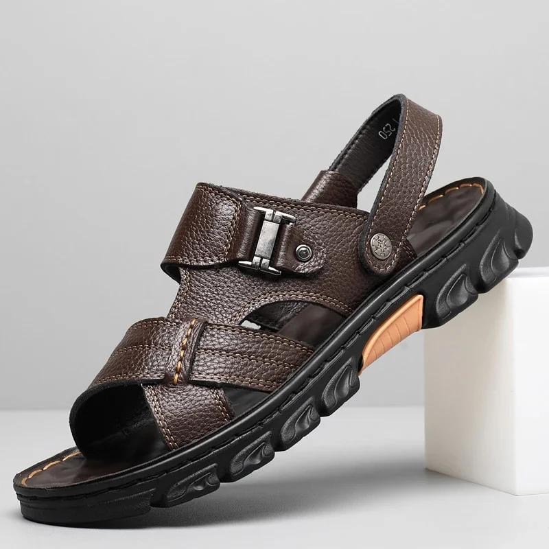 Summer Men's Brand Soft and Breathable Men's Sandals Black Leather Sandals Men's Outdoor Brown Beach Sandals for Men