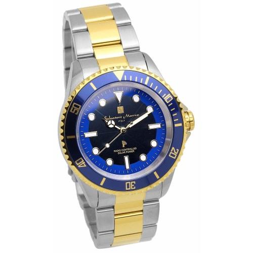 

Мужские часы Salvatore Marra, Радиоуправляемые солнечные часы, Вращающийся в одном направлении безель, Водонепроницаемость 10 АТМ, Итальянский бренд, Синий и золотой, SM221