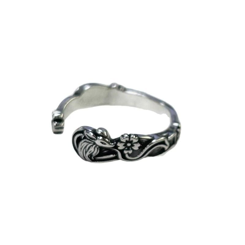 Retro Nine-Tailed Fox Ring for Women New Chinese Style Cherry Blossom Small Fox Finger Ring Versatile Open Ring