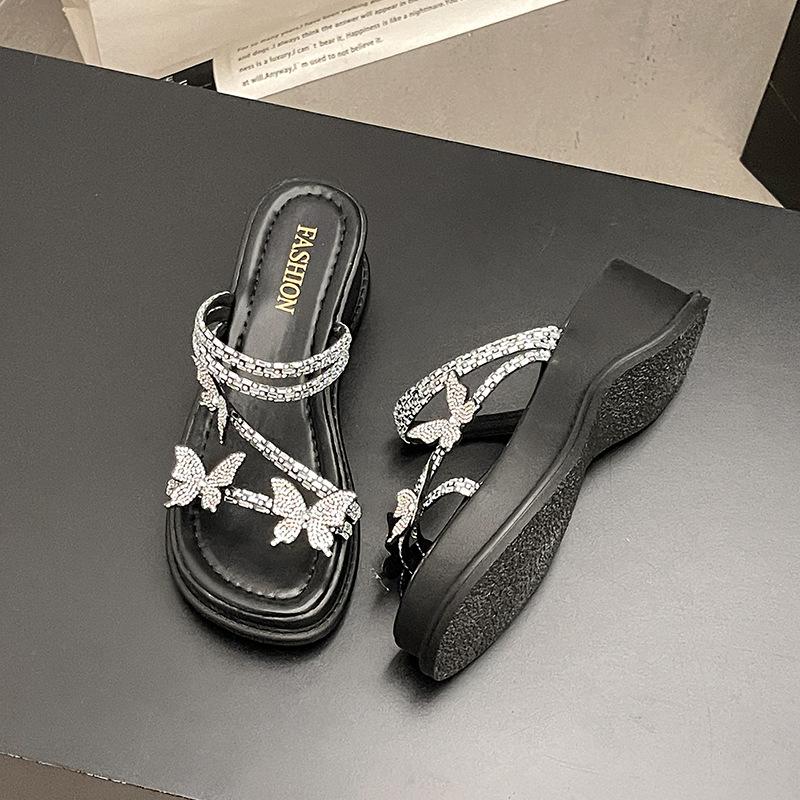 Rhinestone bow thick-bottomed cool slippers women's outer wear 2025 spring new fairy style with skirt slope heel one-word drag