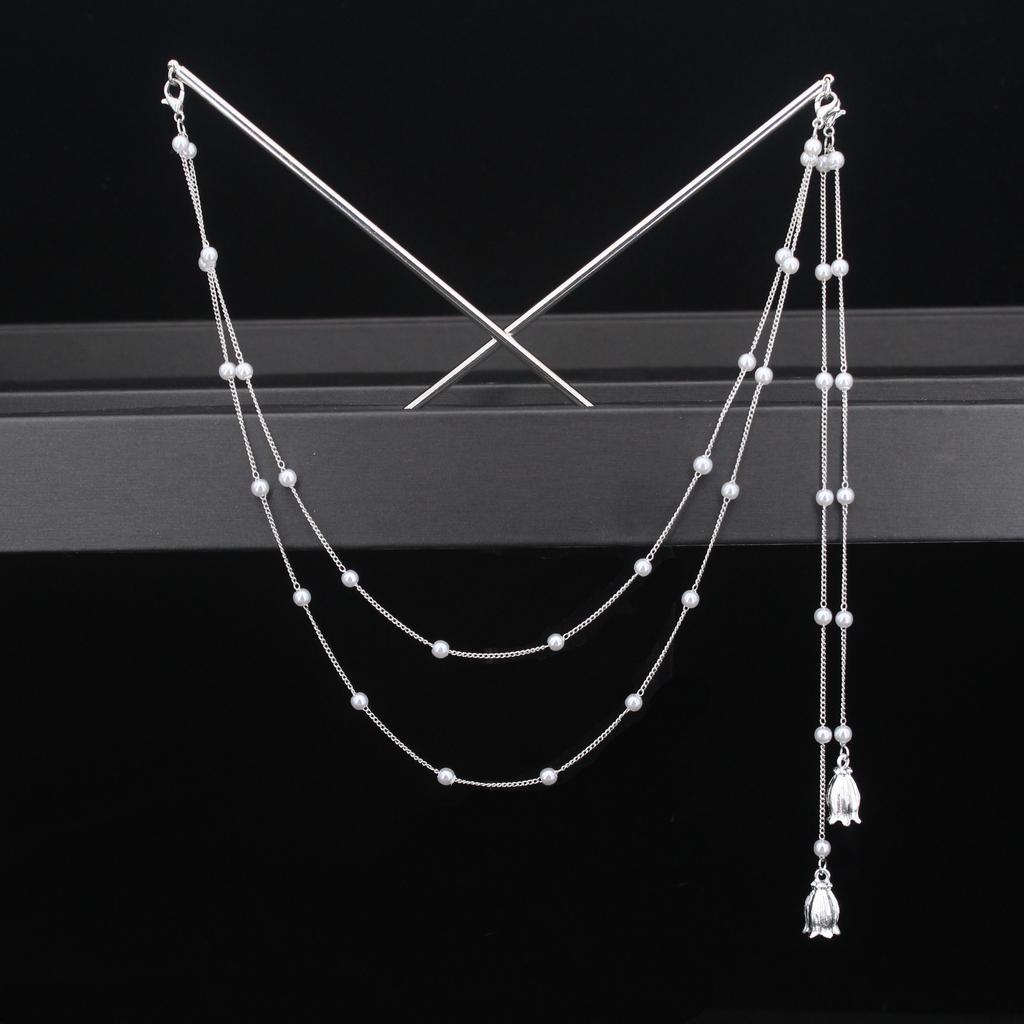 Doppelketten-Haargabel Perlenquaste Haarstab Nunchaku Haarnadel Chinesischer Stil Retro Haaraccessoires für Hanfu Tiaras Ornamente