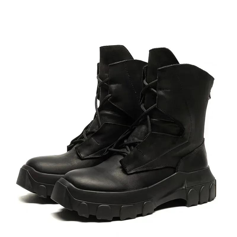 2025 Herren High Top Schuhe Plattform Klobige Sohle Sneaker Leder Schnürung Gothic Absätze Luxuriös Trendig Designer Schwarz Stiefel