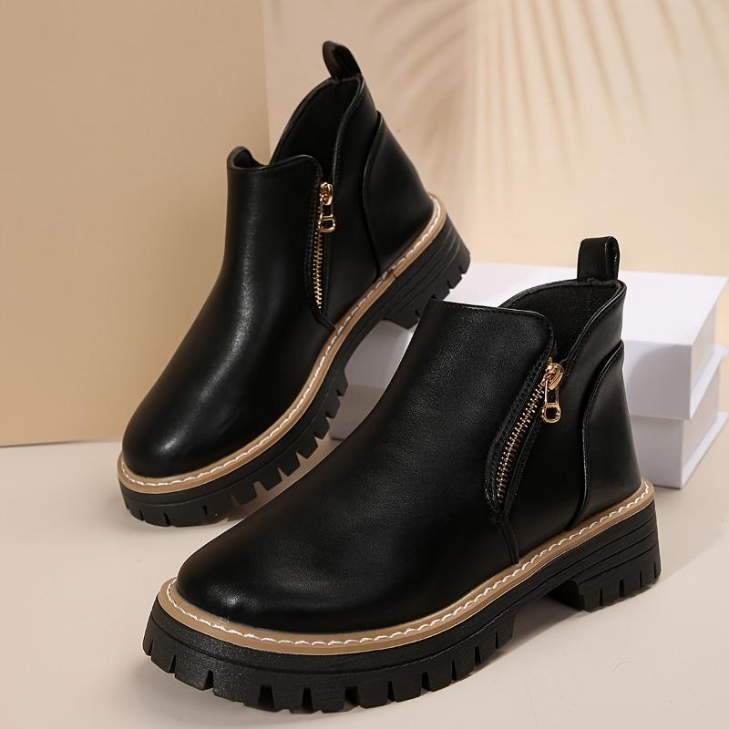 Women's Autumn/Winter New Chunky Sole Slip-Resistant Comfortable Low Heel Round Toe Side Zipper Closed Short Boots, Fashionable High-End Women's Shoes