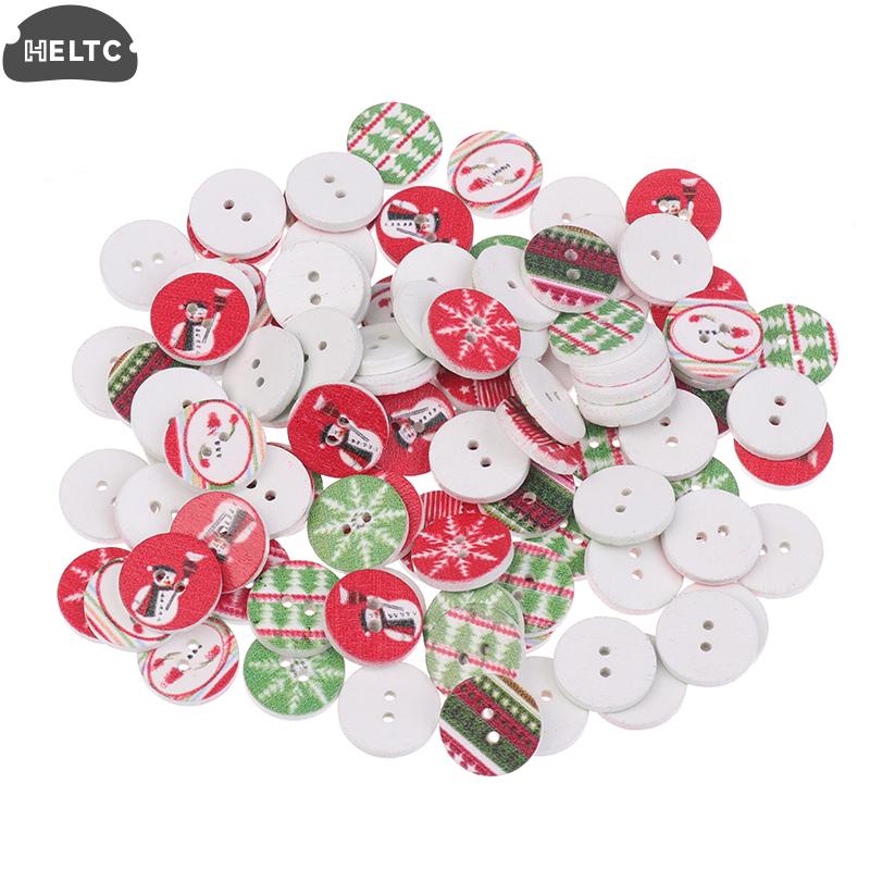 100Pcs/Pack Red, Green 15MM Christmas Painted Tree Snowflake Snowman Wooden Buttons Holiday Decoration Red Green Wooden Buttons