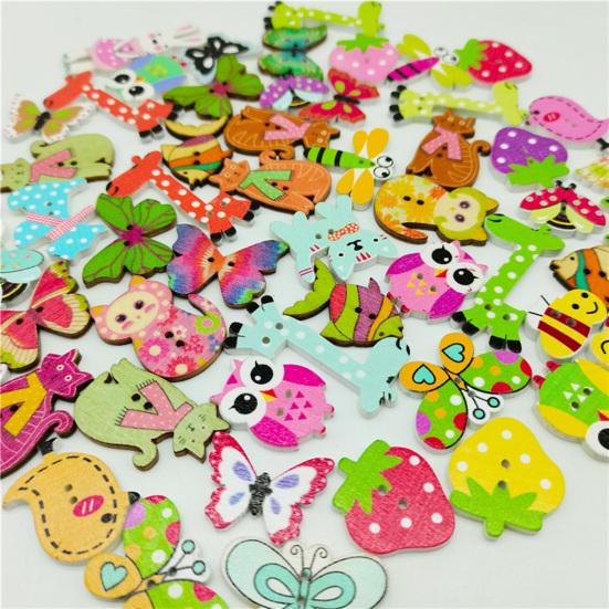 50Pcs/Bag Button Eco-friendly Cartoon Animal Pattern Wood Knitting Clothes Buttons for Home