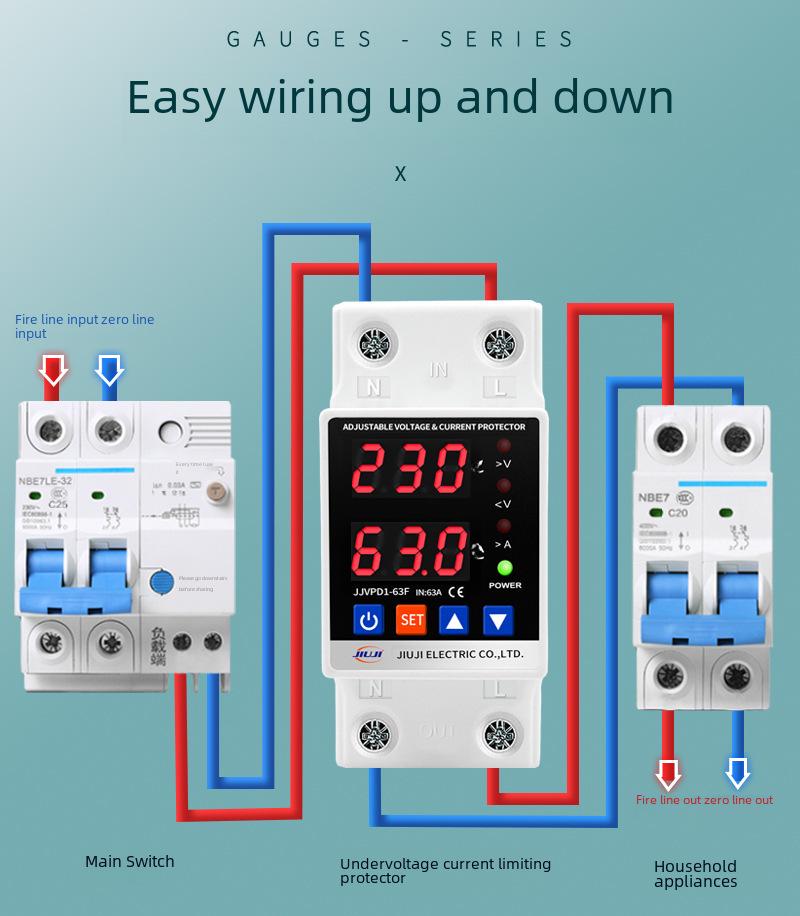 Adjustable Intelligent Dual Display Self-Resetting Voltage/Current Limiter Switch (40A/63A/80A)