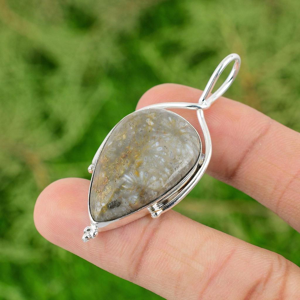 Tacksägelsedagserbjudande Päron Naturlig Fossiliserad Korall Infattning Unik Hänge 925 Silver