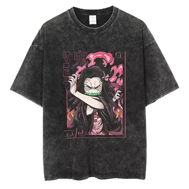 Summer New Vintage Wash Demon Slayer Anime Graphic T Shirt Nezuko Print Men  Cotton Short Sleeve Top Streetwear Casual Tops