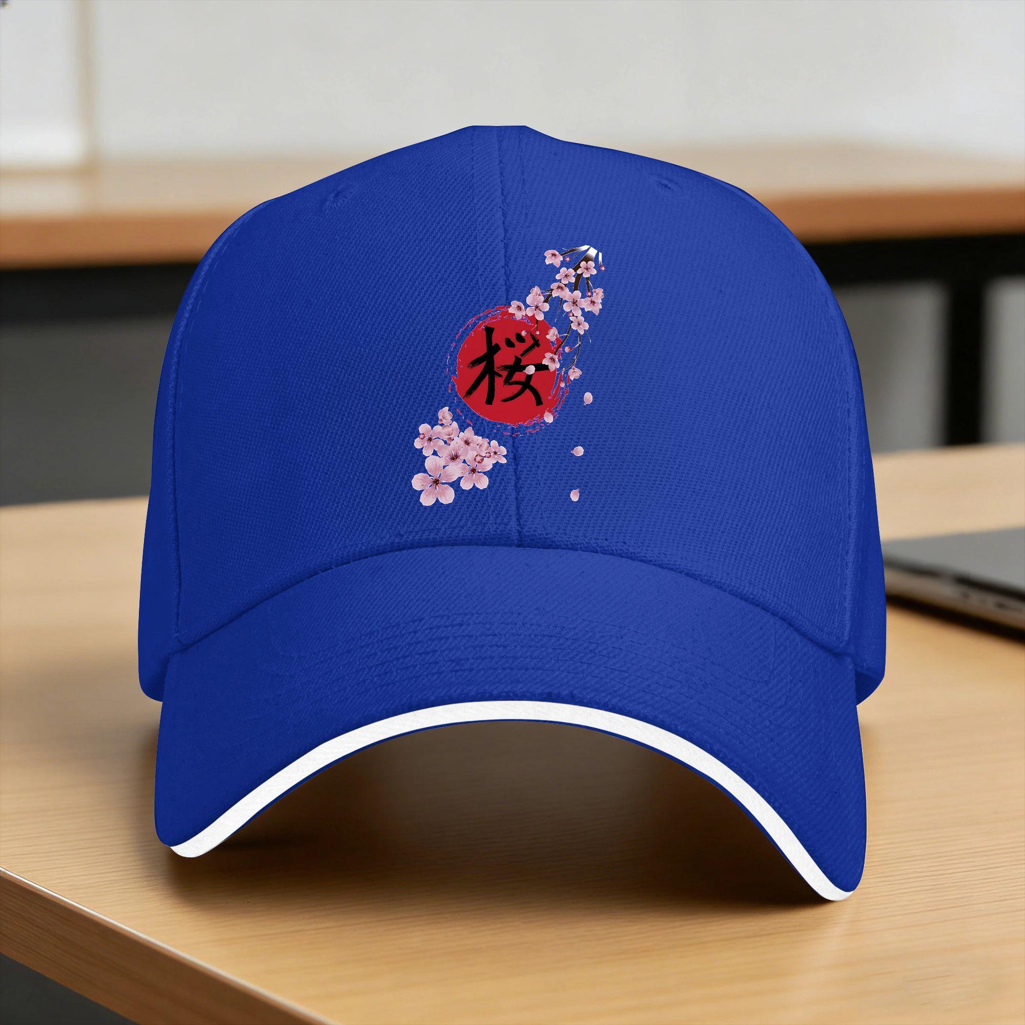 Blühende Sakura und Rote Sonne Baseballkappe Streetwear Trucker-Kappe Sommer Herren Damen Outdoor Fitnessstudio Baseballkappen One Size blue