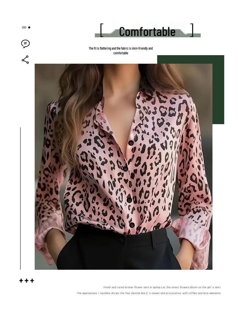 Elegant Leopardmönstrad Blommig Långärmad Topp för Kvinnor