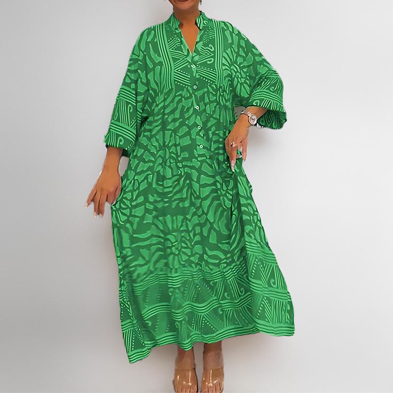2026 Spring Women s Elegant Printed Button-Down Maxi Dresses S зелёный