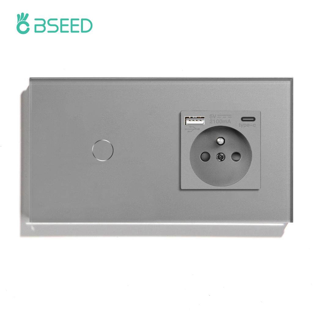 BSEED 1/2/3Gang Touch Light Switches 1Way Sensor Switch With Type-C USB French Wall Sockets Glass Panel Blue Backlight Gray