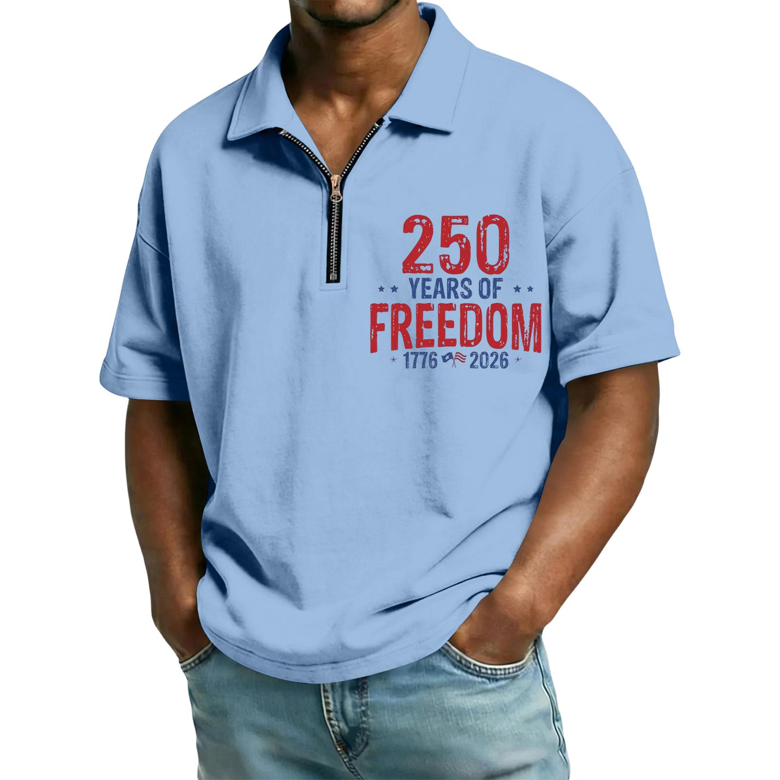 

Men’s Short Sleeve Zip Collar T Shirt with 250 Years of 1776 2026 Print Casual Fit Top M