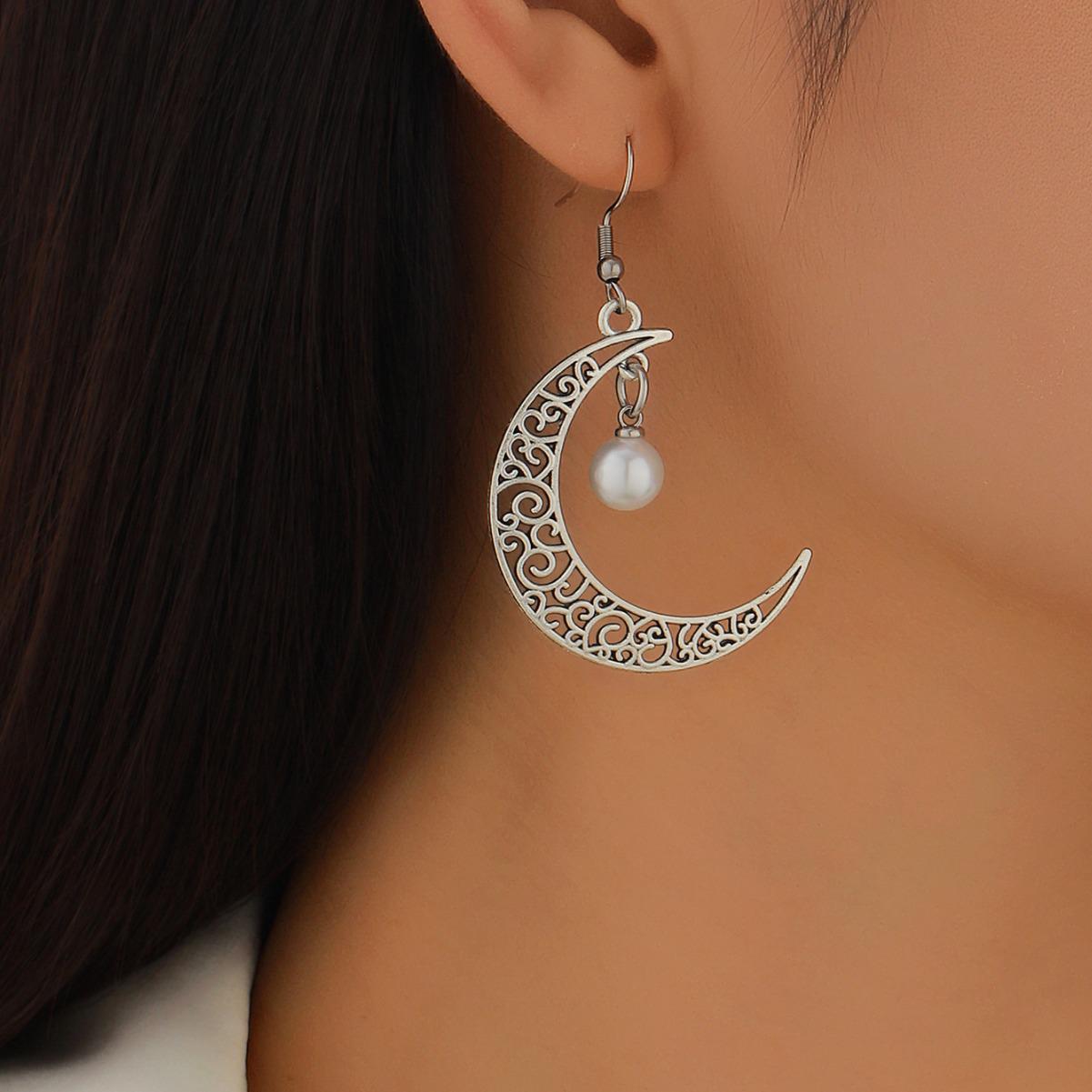 

Women s Alloy Hollow Moon Pearl Pendant Earrings