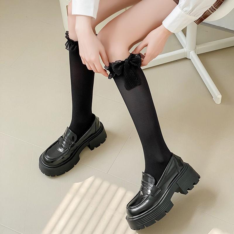 Black Streamer Half-length Stockings Women's Thin Summer Cute Medium Tube Calf Socks Lolita Bow Jk Long Socks