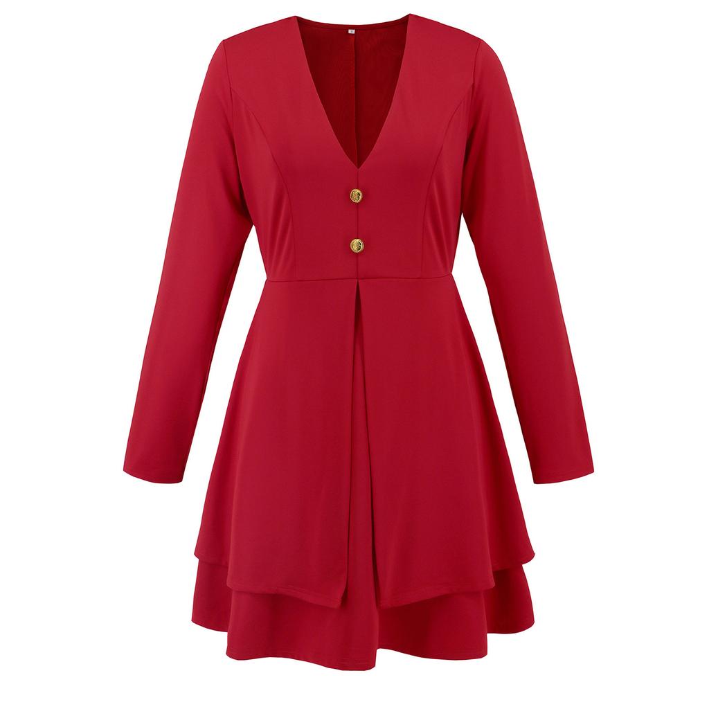 Dámská móda Výstřih do V Dlouhý rukáv Jednobarevné Slim šaty Knoflíkové šaty Neformální Vrstvené šaty