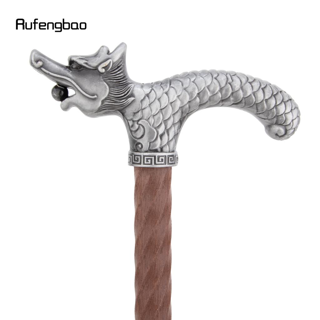 Silver Dragon Wooden Single Joint Fashion Walking Stick Decorative Cospaly Cane Halloween Mace Crutch Wand Crosier 95cm