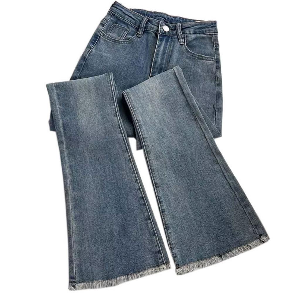 High-waisted Stretch Slim-fit Straight Horseshoe Trousers with Rough Edge and Floor Flares