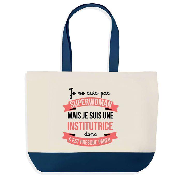 Tote bag - PLANETEE - Institutrice Superwoman - fond bleu - coton 40x45 cm - Fabriqué en France
