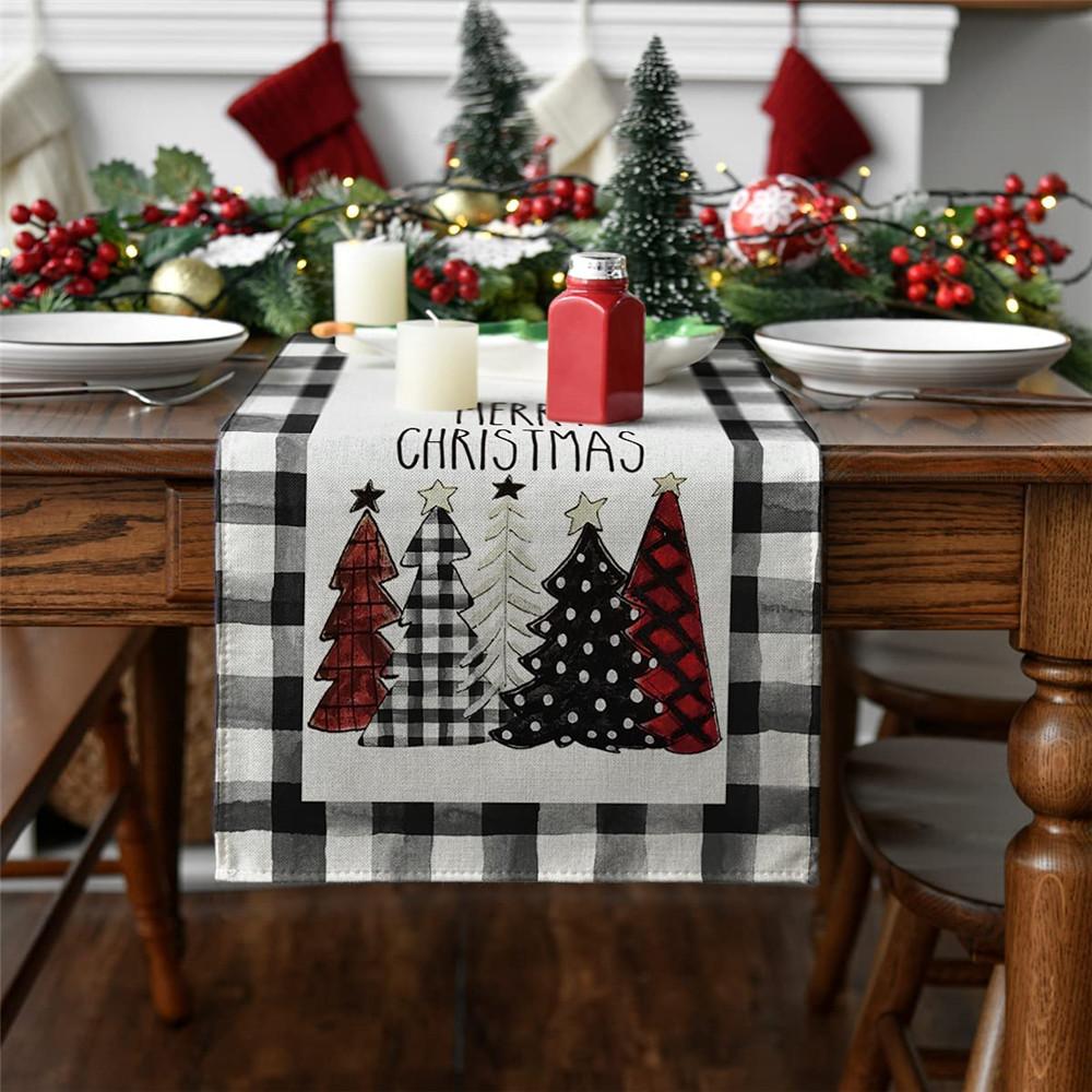 Plaid Merry Christmas Tree Table Runner Kitchen Dining Table Cloth Decoration