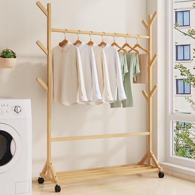 Elegant Solid Wood Floor-Standing Coat and Drying Rack for Bedroom, Featuring Multi-functional Clothes and Pants Storage