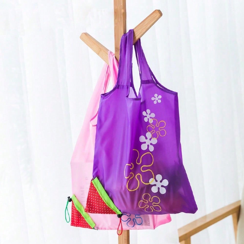 1pc Reusable Grocery Shopping Bag | Leak Proof, Square Shape, Foldable Tote With Cute Strawberry Design And Clutch Accessory