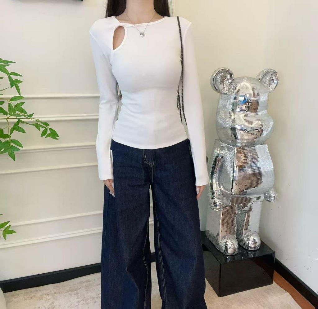 Women's Slimming White Long Sleeve T-Shirt - Hollow Round Neck, Drop Shoulder, Early Spring 2025 Collection
