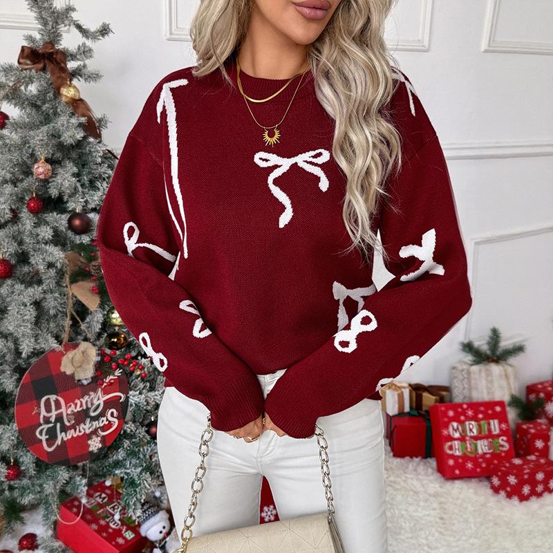 Korean Style Bow Jacquard Beaded Pullover Sweater for Women - Autumn 2025 Collection