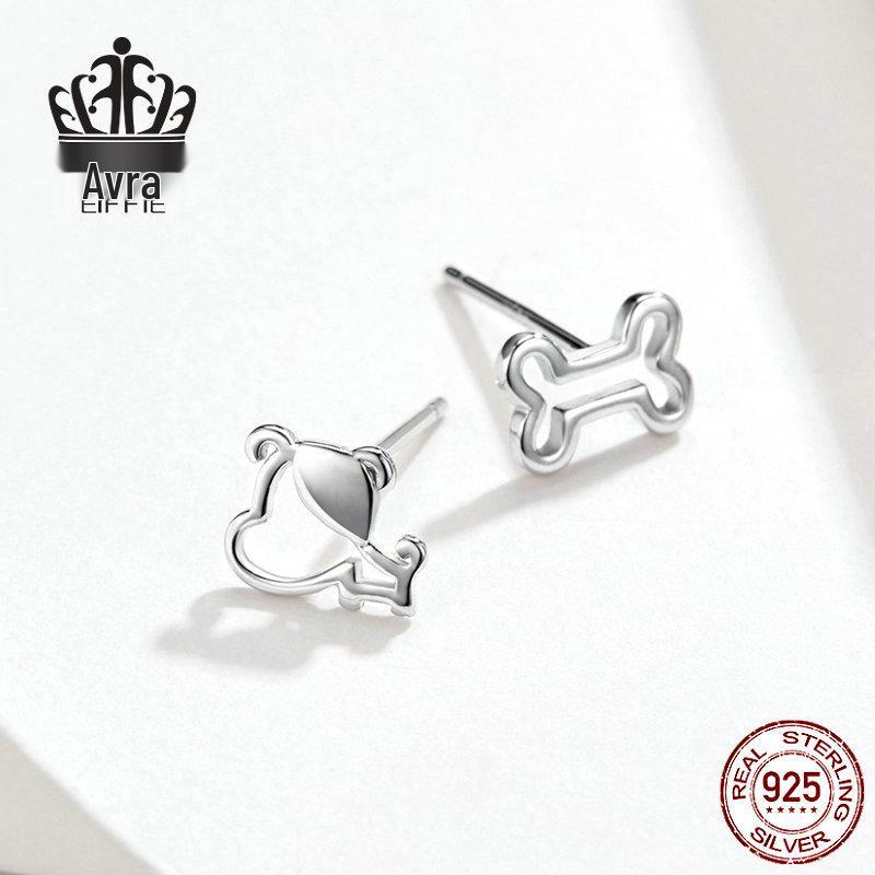 Sterling Silver Puppy and Bone Openwork Stud Earrings - S925 Fashion Jewelry