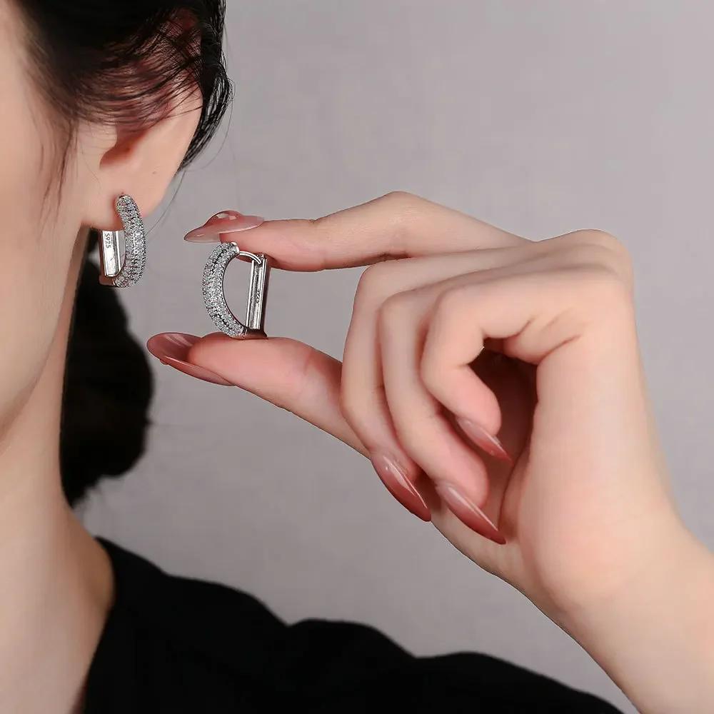 S925 Sterling Silver Real Moissanite Letter D Hoop Earring for Women Sparkling Lab Diamond Ear Buckle Fine Jewelry Gift