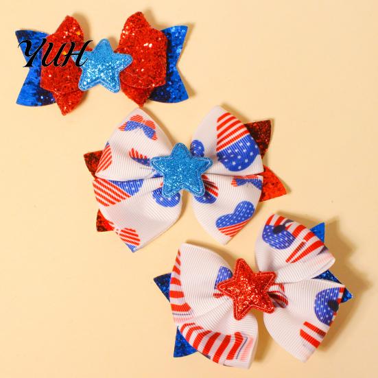 Holiday Photo Props Independence Day Bow Hair Clip for Girls, Red Blue White Glitter Hairpin, Double Layer Cute Styling Clips with Sequins Star,