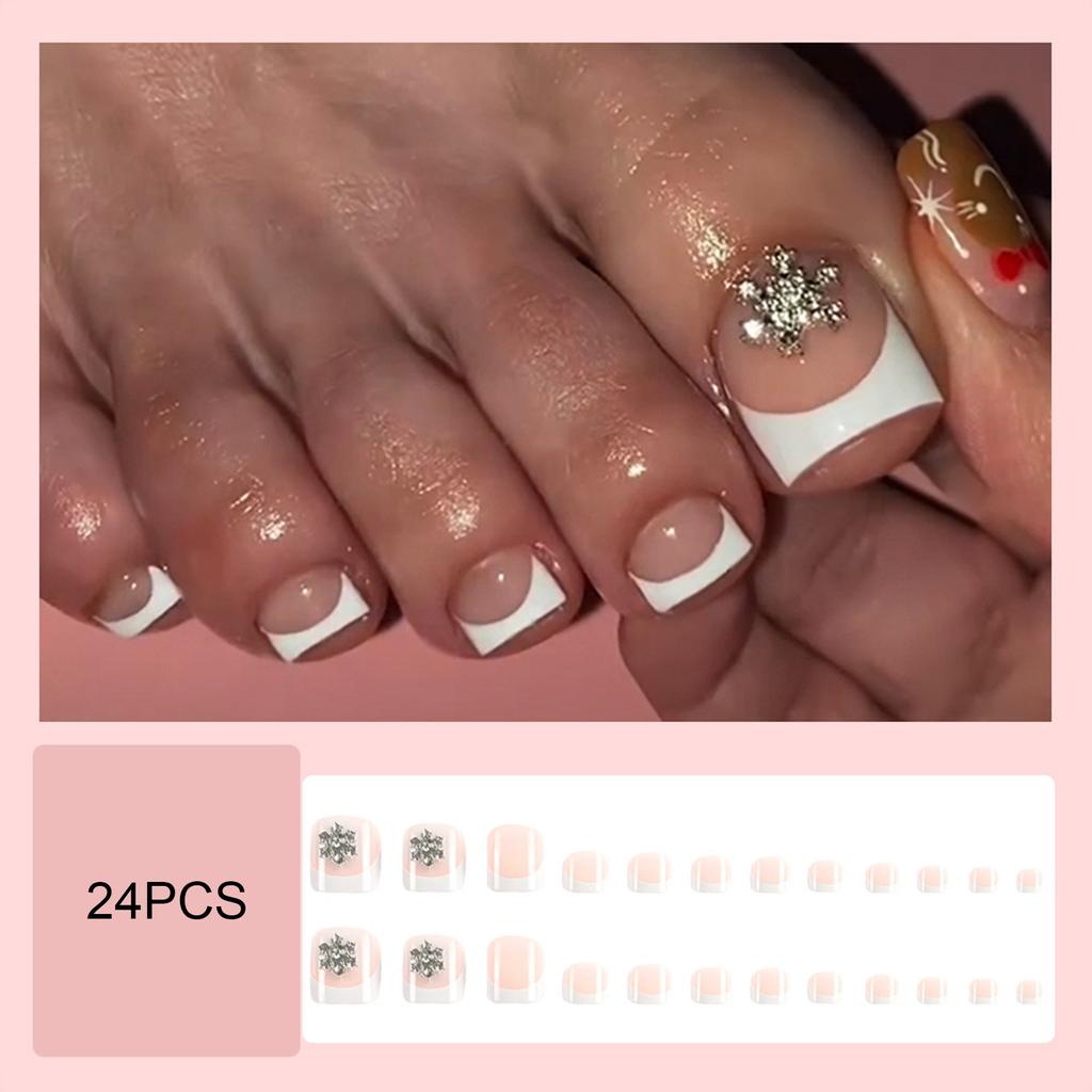 24Pcs White French Toe Nails with Snowflake Rhinestone Elegant Design for Party Wedding Daily Use