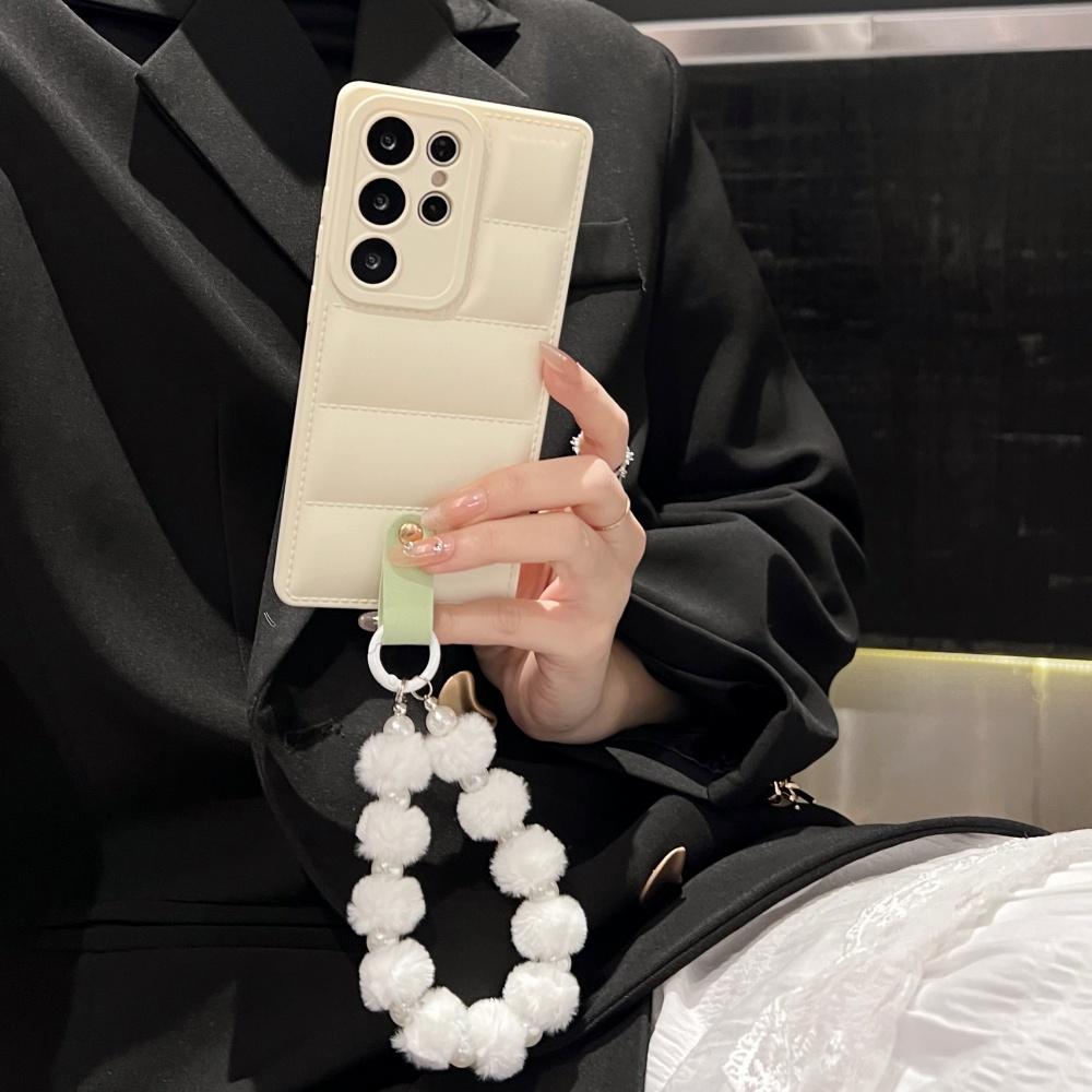 Pearl Wrist Chain Down Jacket Case for Samsung Galaxy S2 S26 Ultra S24 S23 Plus S22 S21 FE A A16 A6 Lanyard Cover