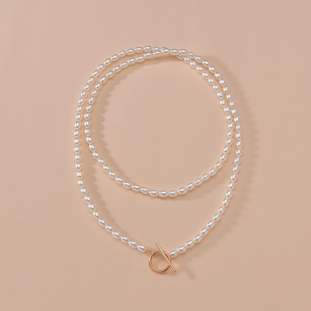 European and American Simple Imitation Pearl Multi-layer Necklace Retro Fashion Round Iron Plate OT Buckle Pendant Accessories