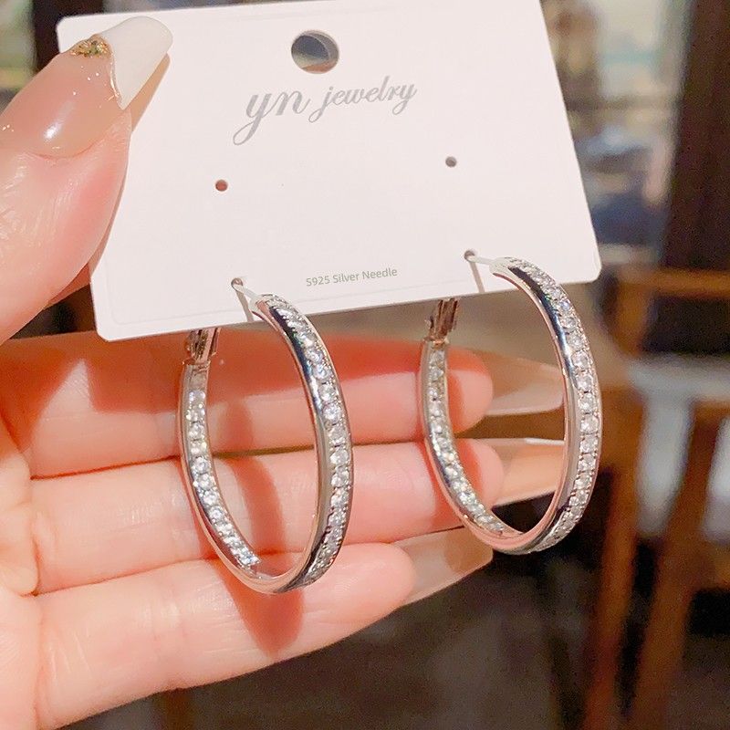 Personalized Fashion Normcore Style Micro Inlaid Zircon Ear Ring Exquisite Accessible Luxury All-Match Exaggerated Earrings Super Shiny Ear Rings Silver Zircon Earrings (3.3cm)