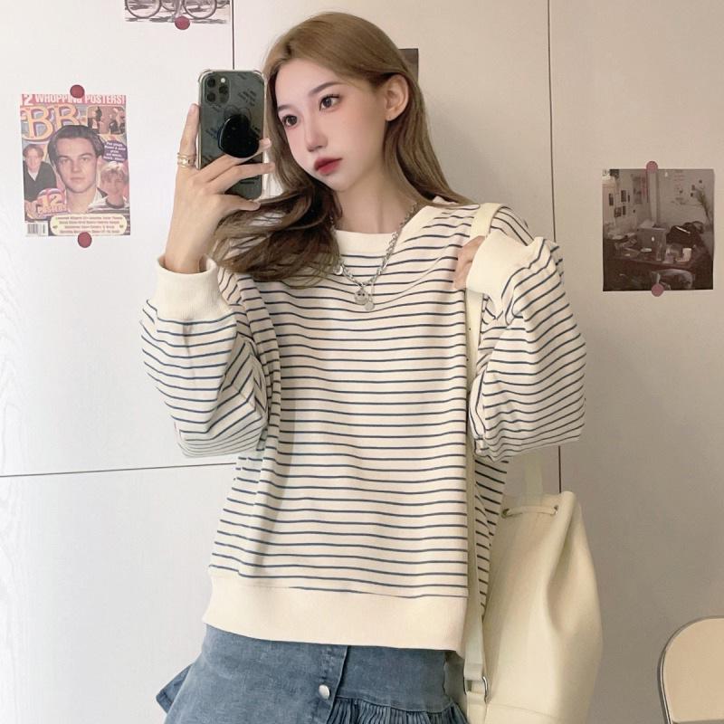 Women Autumn Fashion Long Sleeve Round Collar Striped Printed Sweatshirt T Shirt Top Clothing