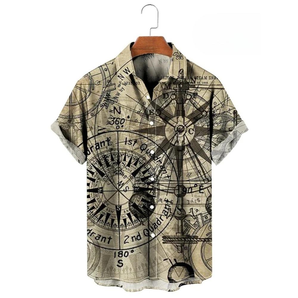Vintage Button Up Shirt Man 3d Map Printed Short Sleeve Hawaiian Shirt Lapel Men's Clothing Casual Fashion Tops