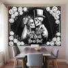 2D Flat lay  1 Gothic Wedding Banner and Photography Backdrop - Black and White Skeleton Couple with Roses and Spiderweb Design