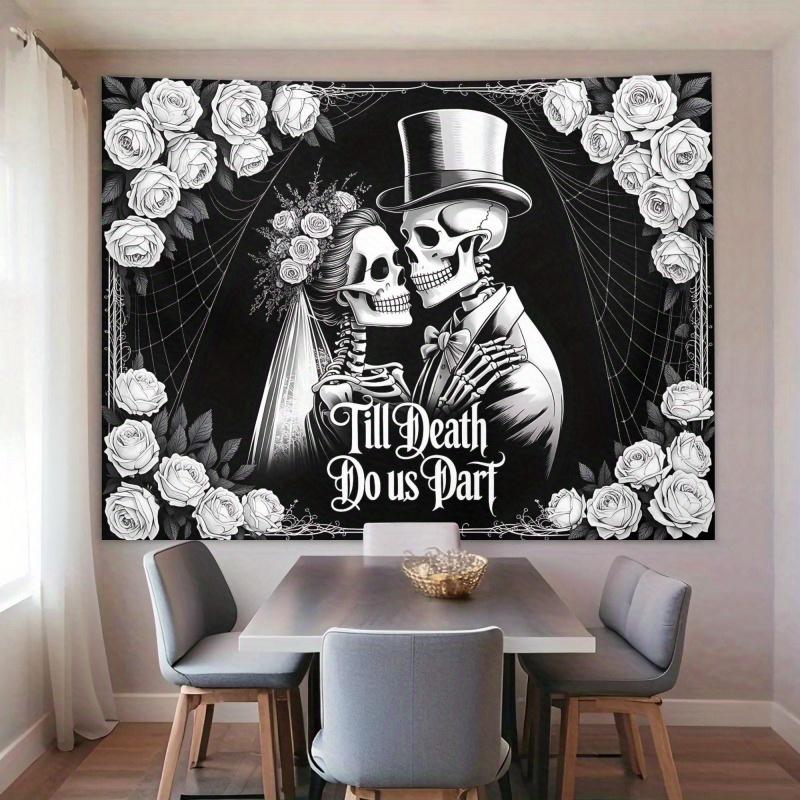 2D Flat lay 1 Gothic Wedding Banner and Photography Backdrop - Black and White Skeleton Couple with Roses and Spiderweb Design