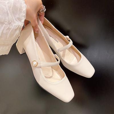 Mode Nouvelle Mode Chaussures Femme Chaussures à Bout Carré Chaussures à Talon Carré Chaussure Habillée Escarpins à Boucle Perle Talons Hauts Dame Bureau Chaussures Décolletées